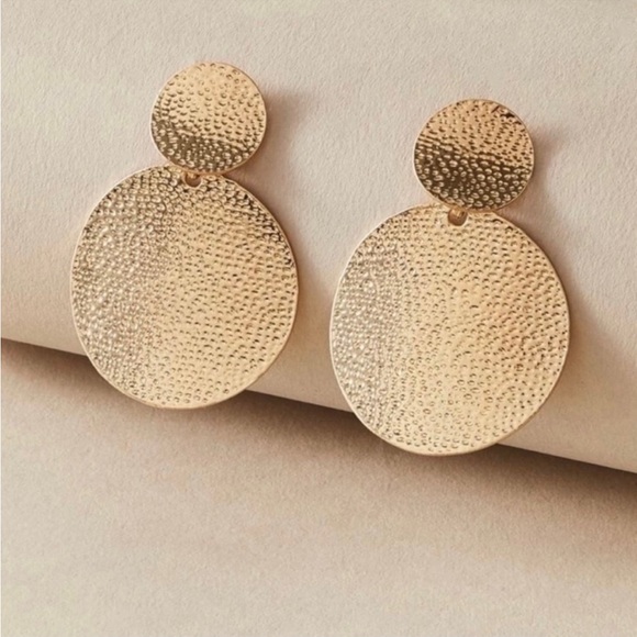 Jewelry - Hammered Gold Textured Geometric Circle Drop Post Earrings, New with Box